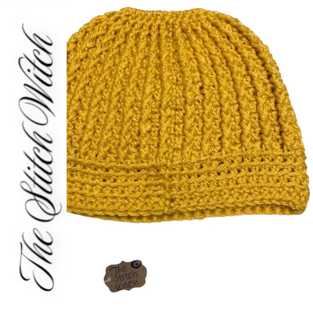 🔥SOLD🔥 Crochet Mustard Yellow Messy Bun Ponytail Beanie - Picture 8 of 14